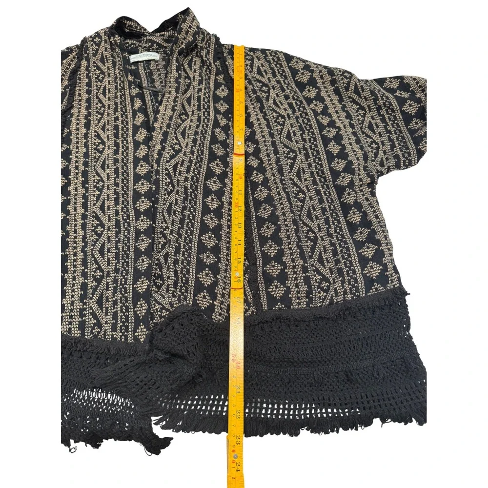 Zara Woman Premium Denim Collection Boho Crochet Fringe Cardigan Black Tan Med